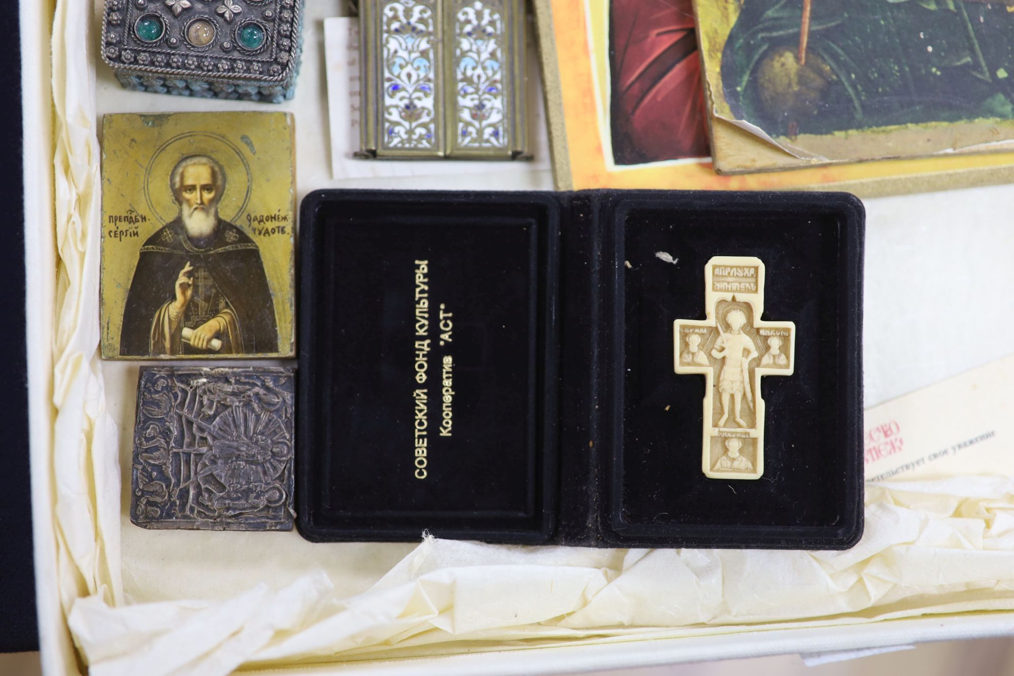 A quantity of religious artefacts including icons, crucifixes, etc.